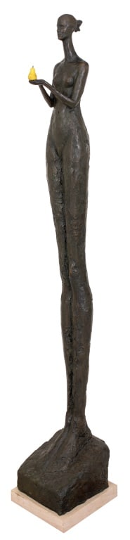 Tom Corbin Woman with Pear Bronze Sculpture: Tom Corbin (America, b. 1954) Woman with Pear Bronze Sculpture, 2006, signed, dated, and numbered edition "26/50" to reverse of base. 80" H x 13" W x 13.5" D. Provenance: From a New York City Collecti