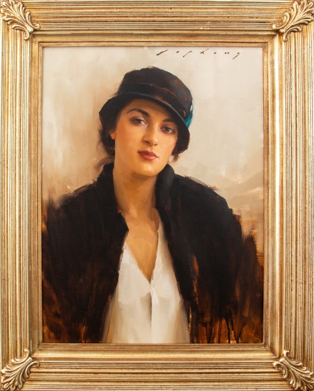 Jeremy Lipking Woman in Feather Hat Oil on Canvas: Jeremy Lipking (American, b. 1975), Woman in Feather Hat, Oil on Canvas, signed upper right, silvered wood frame. Image: 23.5" H x 17.5" W; frame: 30.5" H x 24.5" W. Provenance: Philadelphia, Private