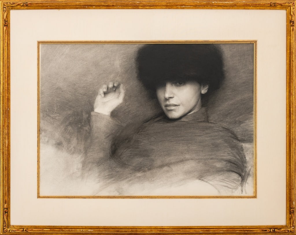 Jeremy Lipking "The Fur Hat" Charcoal on Paper: Jeremy Lipking (American, b. 1975), "The Fur Hat", Charcoal on Paper, 2002, apparently unsigned, with Arcadia Fine Arts Inc. label to verso, giltwood frame. Image: 16.75" H x 22.75" W; frame: 26" H x