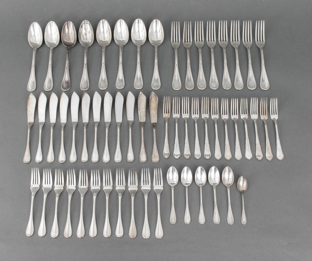 Christofle Silver Plate Flatware Service, 57 Pcs.: Christofle Silver Plate Assembled Flatware Service, comprising: eight (8) tablespoons, eight (8) dinner forks, five (5) teaspoons and demitasse spoon in the "Rubans" pattern, eleven (11) salad forks a