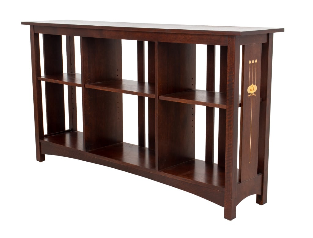 Stickley Oak Slatted-Back Bookcase: Stickley Oak Slatted-Back Bookcase, with six shelves and Harvey Ellis inlay design to each side, marked "Stickley / 89 567 / Dec 17 2013 / 31" to underside of top. 34.25" H x 62" W x 14" D. Provenance