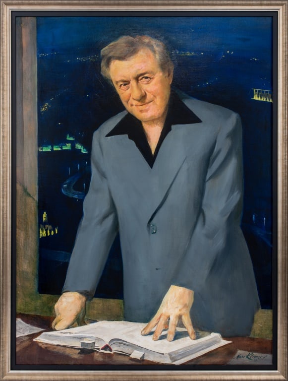 Marc Klionsky Portrait of Teddy Kollek Oil Canvas: Marc Klionsky (Russian/American, 1927-2017), "Portrait of Teddy Kollek, Mayor of Jerusalem", Oil on Canvas, signed lower left, silvered wood frame. Image: 40" H x 29" W; frame: 44" H x 33" W. Property