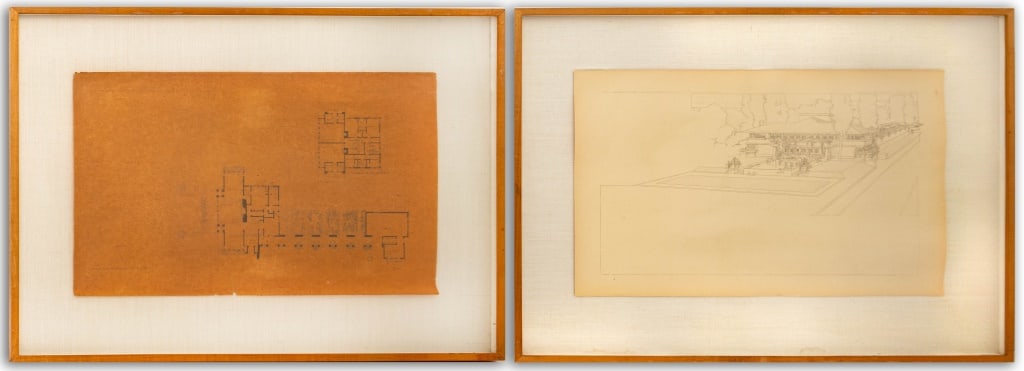 Frank Lloyd Wright Architectural Lithographs, 2: Frank Lloyd Wright (American, 1867-1959), Two Wasmuth Portfolio Architectural Lithographs, 1910, comprising: Perspective View of the Springfield, Ohio Residence, Plate VIII, and Floor Plan of the Spri