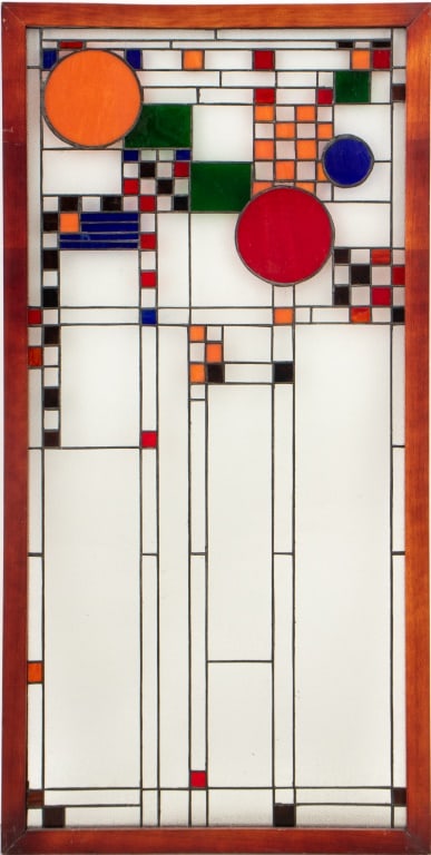 After Frank Lloyd Wright Stained Glass Window: After Frank Lloyd Wright (American, 1867-1959) Geometric Stained Glass Window Panel, mid-20th century, after the original 1912 Avery Coonley Playhouse design, with frosted and colored glass design, wo