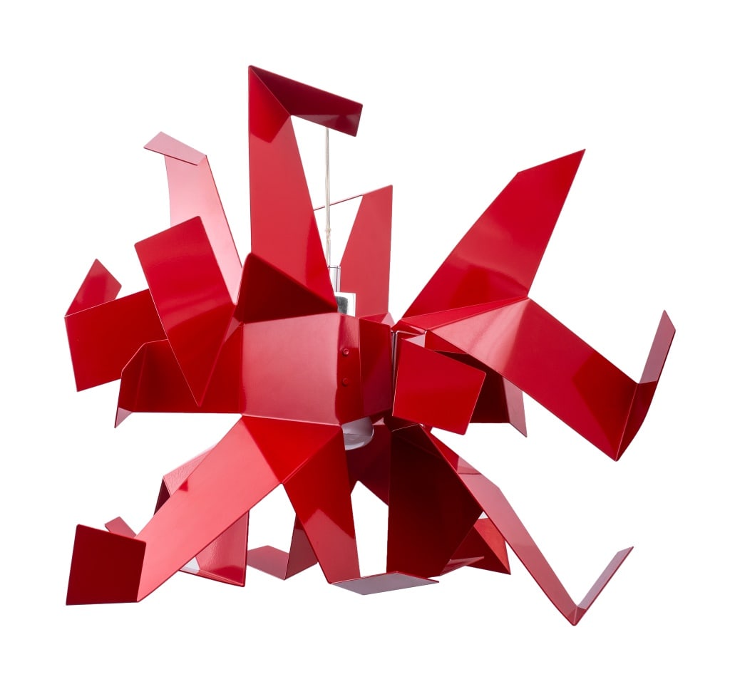 Enrico Franzolini x Pallucca Italia Chandelier: Enrico Franzolini for Pallucca Italia Red Enameled and Chrome "Glow 1 Pendant" Chandelier, "Pallucco Italia s.r.l." label to shaft. 24" H x 29" W x 29" D. Provenance: From a New York City Collection.