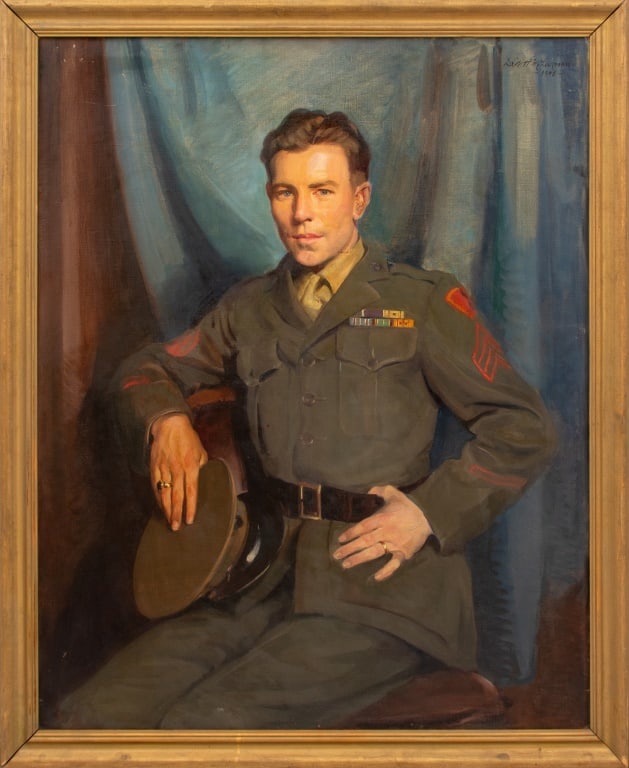 DeWitt M. Lockman Portrait of a Marine Oil, 1945: DeWitt McClennan Lockman (American, 1870-1957), Portrait of a United States Marine Corps Sergeant, Oil on Canvas, 1945, signed and dated upper right, wood frame. Image: 49.25" H x 39.25" W; frame: 55.