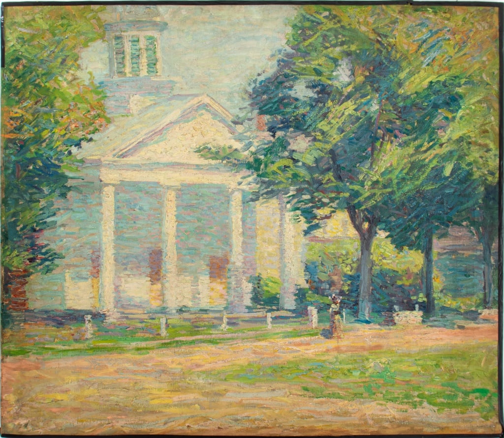 Allen Tucker White Church Landscape Oil on Canvas: Allen Tucker (American, 1866-1939), Landscape Scene with White Church, Oil on Canvas, apparently unsigned, with "Art Restoration Technical Institute" label to verso. 27" H x 31" W. Provenance: From th