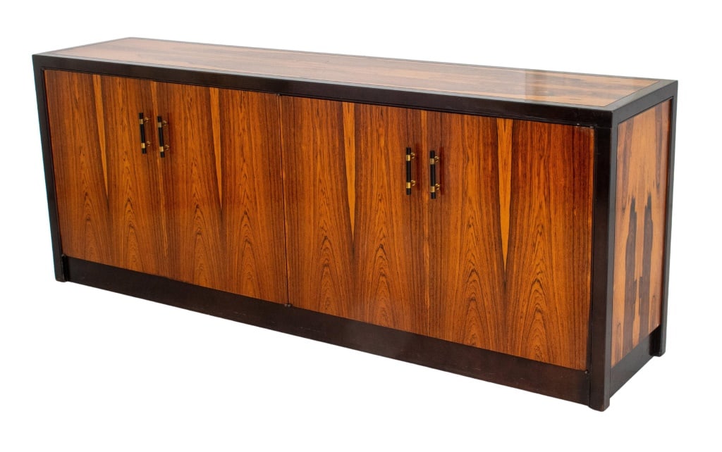 Directional Modern Rosewood & Walnut Sideboard: Directional Modern Rosewood and Walnut Sideboard, with two cabinets, each with interior frieze pull drawers above two shelves, "Directional Custom Collection" plaque to drawer interior. 32" H x 80" W 