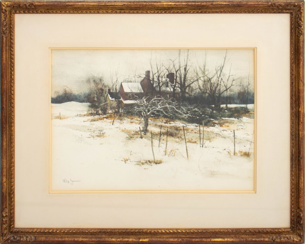 Philip Jamison Winter Landscape Watercolor: Philip Jamison (American, 1925-2021), Winter Landscape, Watercolor on Paper, signed in pencil lower left, with Hirschel & Adler Galleries Inc. label to reverse, giltwood frame. Image: 10.75" H x 15.5"