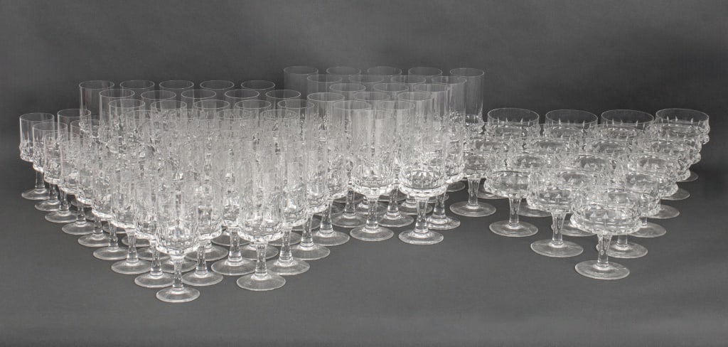 Rosenthal "Holdfast" Stemware Set, 88 Glasses: Rosenthal Studio-Linie "Holdfast" Pattern Crystal Stemware Set, comprising: thirty-three (33) water goblets, twenty (20) white wine, twelve (12) sherry, eighteen (18) champagne coups and five (5) cord