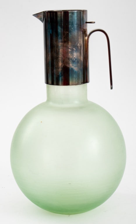 Christofle Silver Plate Wine Carafe, 1960s: Christofle Silver Plate Wine Carafe, marked "Christofle" with the quality mark for the period 1935-1983, and additional "Italy" mark, in the late Art Deco style with neck and handle above a satin spun