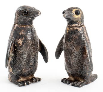 English Sterling Penguin Salt & Pepper Shakers: William Comyns & Sons Ltd (Richard Coymns) English Sterling Silver Penguin Salt and Pepper Shakers, 1960s, with inset eyes, London and makers marks to wings. Weight: 4.92 ozt. inclusive; 2.5" H x 1" W