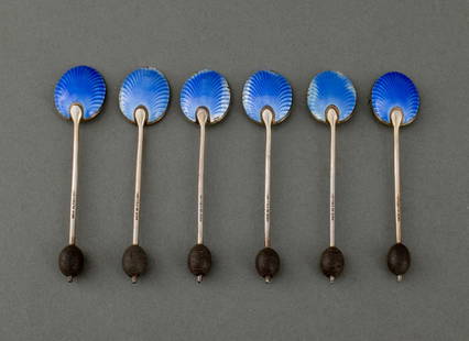 English Art Deco Silver Demitasse Spoons, 6: Set of Six English Art Deco Sterling Silver and Blue Guilloche Enamel Demitasse Spoons, each marked for William Suckling, Ltd., Birmingham, 1928, with stems struck "Made in England", coffee bean form