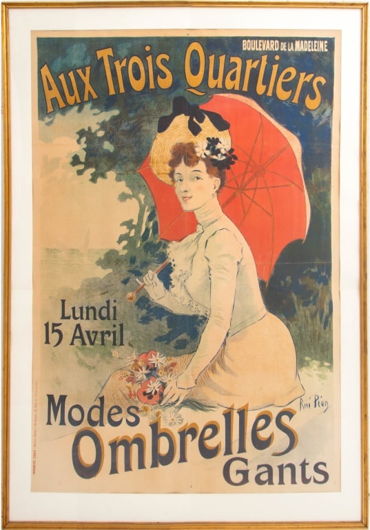 Rene Pean "Aux Trois Quatiers..." Lithograph: Rene Louis Pean (French, 1875-1955), "Aux Trois Quartiers Modes Ombrelles Gants", Lithograph in Colors, signed in print lower right, printed by Chaix (Ateliers Cheret), marked vertically lower left, g