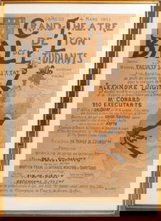 "Grand-Theatre de Lyon Bal..." Lithograph, 1893: "Grand-Theatre de Lyon Bal des Etudiants", Lithograph in Colors, 1893, signed "M. Simas" lower right, printed by Edward Ancourt & Cie, marked lower left, giltwood frame. Image: 51.75" H x 37" W; frame
