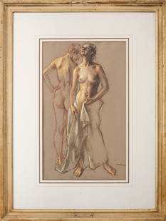 Robert Brackman "Nudes" Pastel on Paper: Robert Brackman (American, born Ukraine, 1898-1980), "Nudes", Pastel on Paper, signed lower right, Kennedy Galleries label to verso, painted wood frame. Image: 25" H x 15" W; frame: 39.75" H x 29.5" W