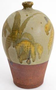 Robert Sperry Green Glazed Stoneware Vase: Robert Sperry (American, 1927-1998) Green Glazed Stoneware Vase, with palm tree motif, signed to underside. 10.75" x 6.25" Diameter. Provenance: From 333 East 75th Street Estate. Keywords: Art Pottery