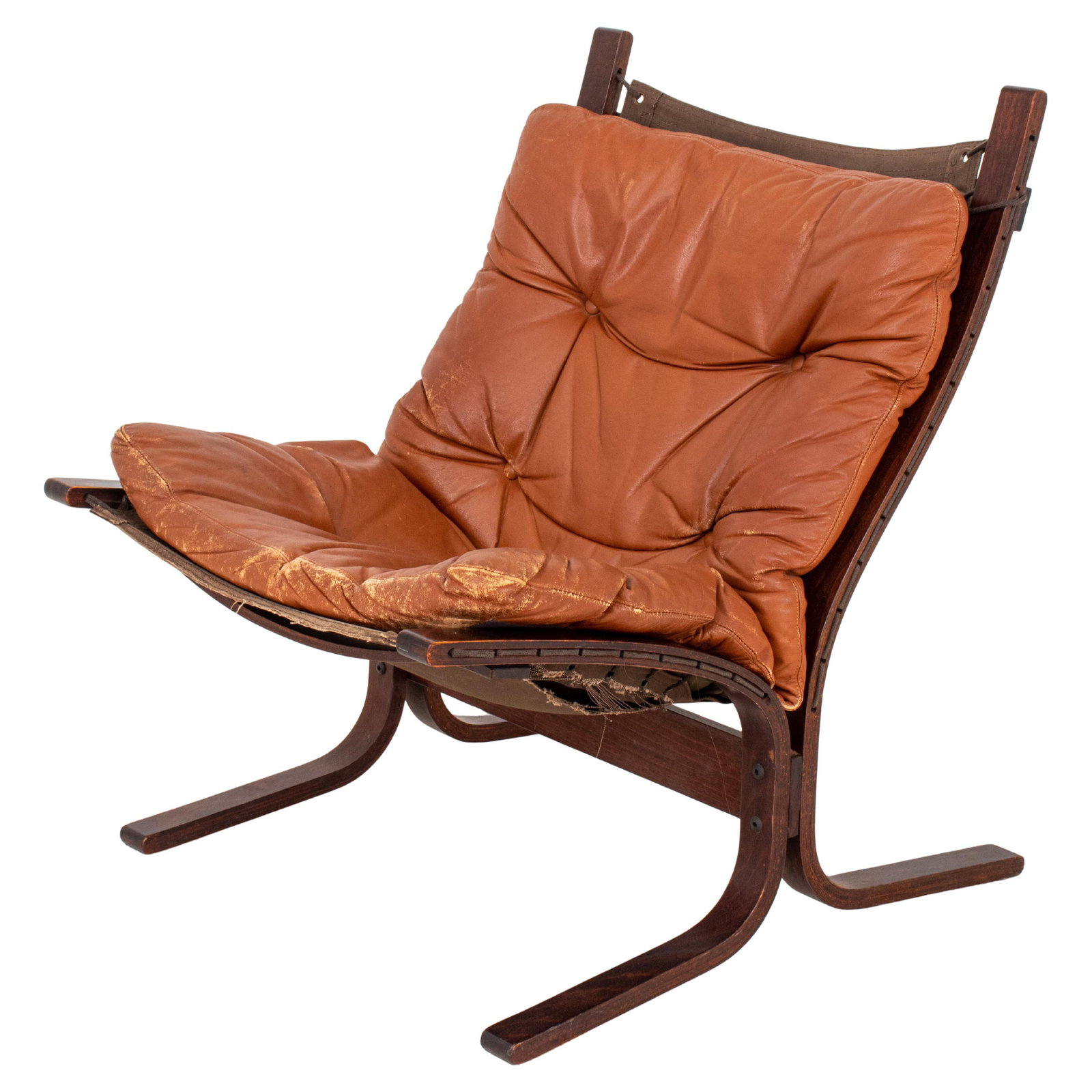Ingmar Relling for Westnofa "Siesta" Chair: Ingmar Relling for Westnofa "Siesta" Lounge Chair, designed 1965, labels to undersides, with original orange leather upholstery. 32" H x 24.5" W x 24.5" D; seat: 16.5" H. Provenance: From a New York C