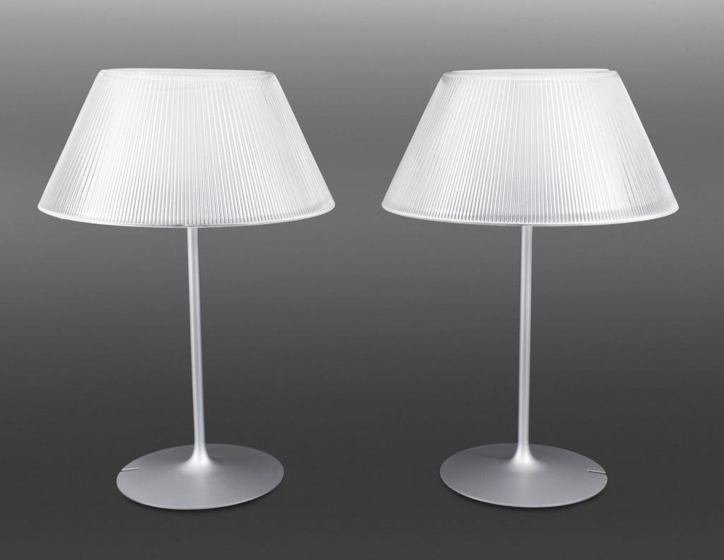 Philippe Starck x Flos "Romeo Moon" Lamps, Pair: Pair of Philippe Starck for Flos "Romeo Moon" Table Lamps, Model T1, with fluted glass shades and gray steel base, with "Flos Inc. / Made in Italy" paper label. 28.5" H x 20" Diameter. Provenance: Fro