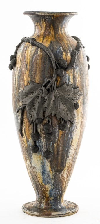 Guerin & Chezal Large Salt Glazed Pottery Vase: Roger Guerin and Albert Chezal Large Salt Glazed Pottery Vase, with grape motif in relief, signed "A Chezal" to leaf, signed "Guerin" with additional illegible inscription to underside. 21.5" H x 8" D