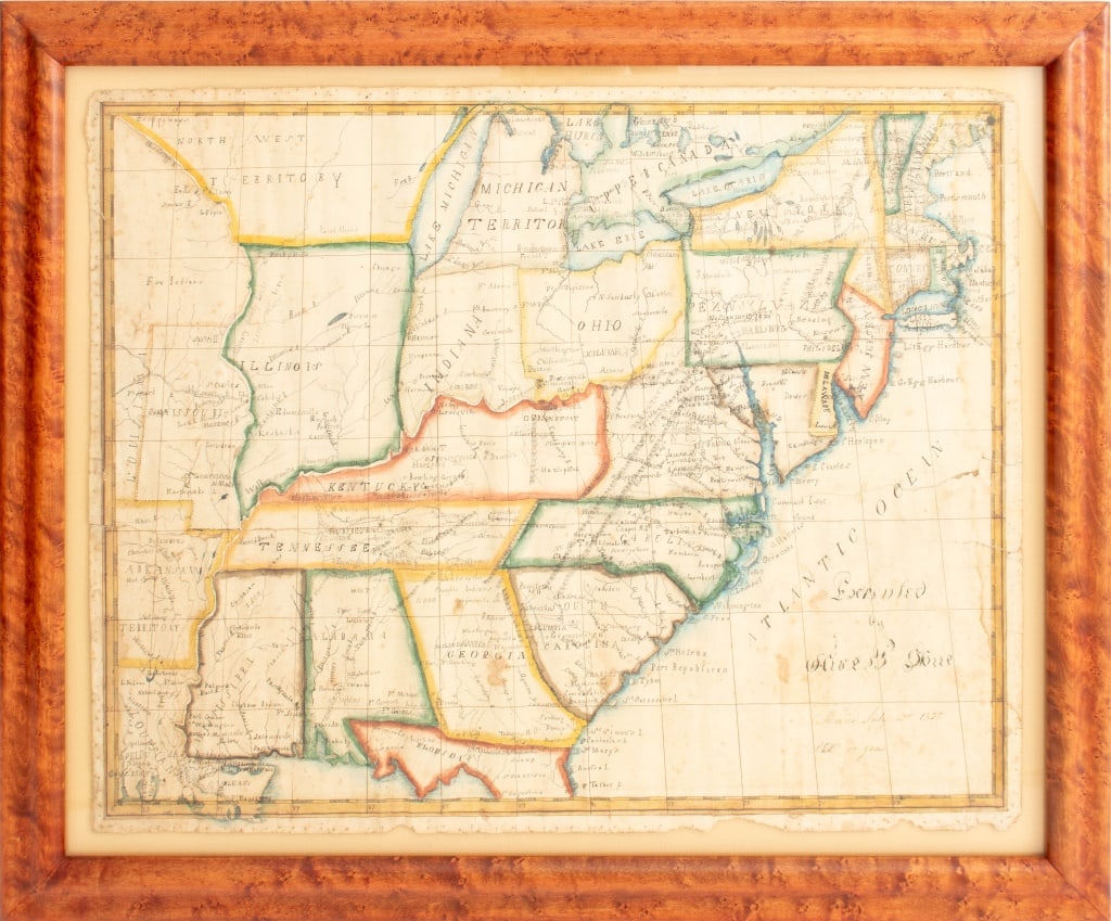 Olive Stone Map of the United States Ink, 1890: Olive Stone (American, XIX), Map of the United States, Ink and Watercolor on Paper, 1890, signed and dated to right side, burlwood frame. Sheet: 17.5" H x 22" W; frame: 21.75" H x 26.25" W. Provenance