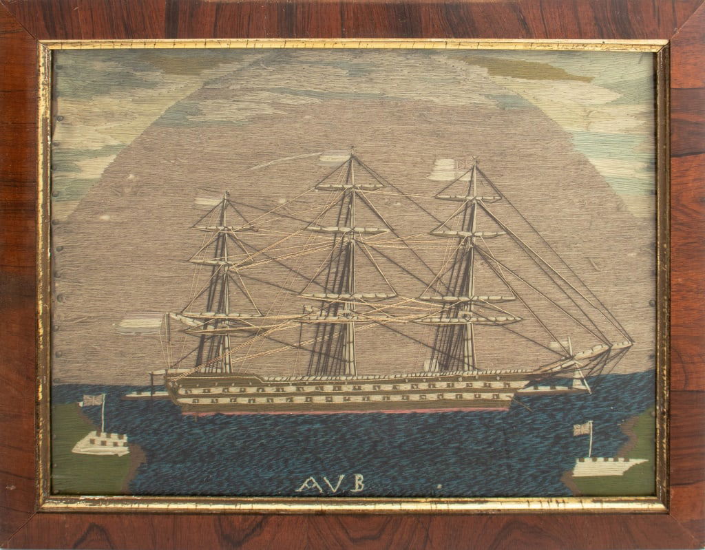 British Woolie Embroidered Warship Scene, 19th C. (1 of 5)