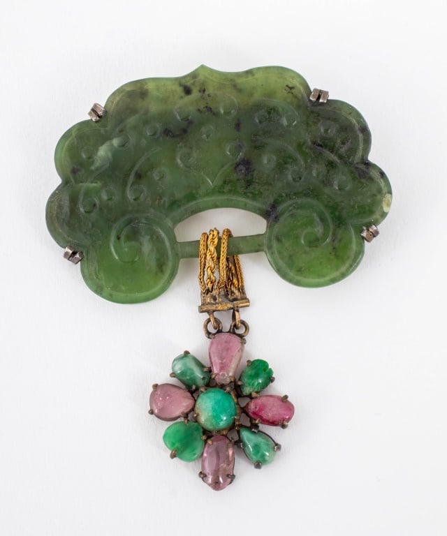 Chinese Carved Jade Pink Topaz Silver Gilt Brooch (1 of 3)