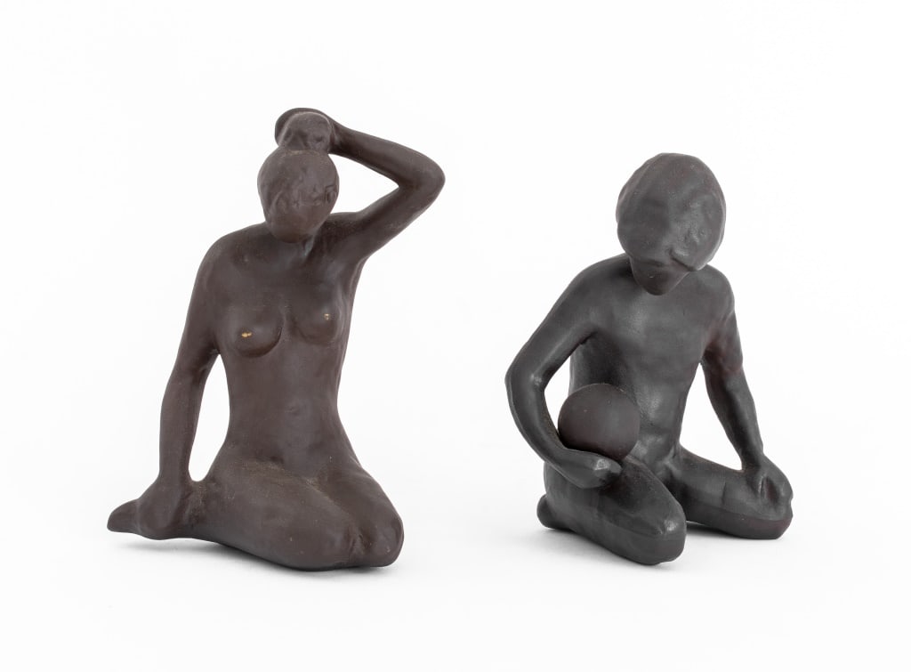 Gotek Mid-Century Modern Ceramic Sculptures, 2: Two Gotek Venezualan Mid-Century Modern Matte Brown Glazed Ceramic Sculptures, one a nude woman, signed "Gotek / Colonia Tovar / Venezuala" to underside, and one a nude boy holding a ball, signed "Got