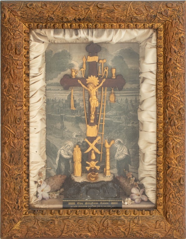 Victorian "Thy Kingdom Come" Religious Diorama: Victorian "Thy Kingdom Come" Religious Diorama in Shadowbox, 1877, with three-dimensional Jesus on the Cross with gold-painted and iconography, faux-flowers made of cloth, back by engraving of haloed