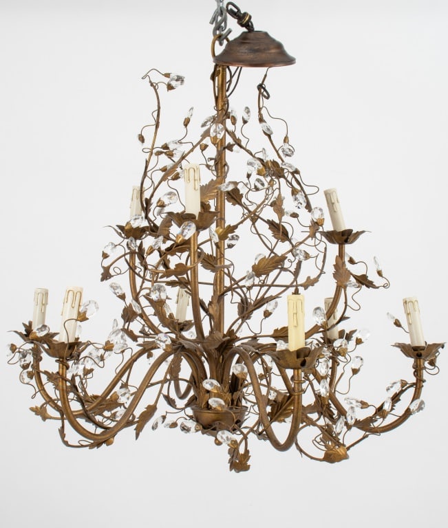 Italian Brass Vine Motif Crystal 9-Arm Chandelier (1 of 7)