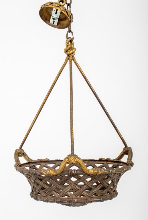 Belle Epoque Basket-Form Pendant: Belle Epoque Gilt and Patinated Metal Basket-Form Pendant, circa 1900. 24" H x 17" Diameter. Provenance: From a New York City Collection. Keywords: Belle Epoque, Fin de Siecle, Turn-of-the-century, Ha