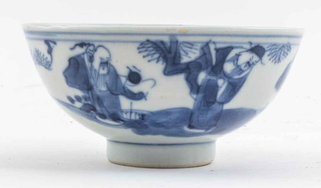 Chinese Blue and White Porcelain Tea Bowl: Chinese Blue and White Glazed Porcelain Tea Bowl, hand-painted with figures and a si bat amongst a landscape, raised upon a circular foot, blue underglaze four-character Kangxi mark to underside. 2" H
