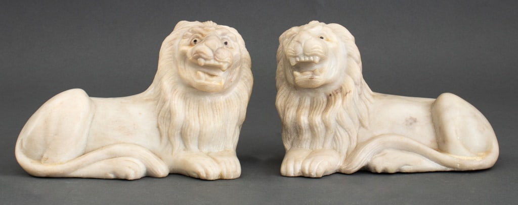 Carved Alabaster Recumbent Lion Bookends, Pair (1 of 8)