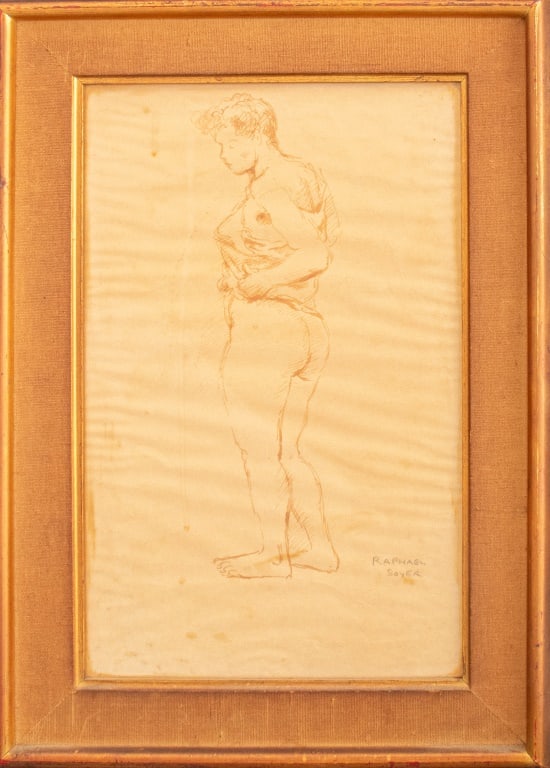 Raphael Soyer Nude Woman Ink on Paper: Raphael Soyer (American, 1899-1987), Nude Woman, Ink on Paper, 20th century, giltwood frame. Image: 16" H x 10" W; frame: 21" H x 15" W. Provenance: From a New York City Collection. Keywords: Drawing,