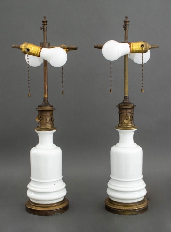 Milk Glass & Brass Oil Lamp Mounted Table Lamps, 2 (1 of 5)