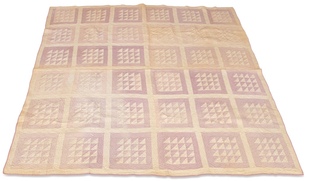 Purple Repeating Squares Quilt, 7' x 7': Purple Repeating Squares Quilt, six by six squares in lavender on white ground, filled with smaller four by four squares of lavender and white. 7' L x 7' W. Provenance: From a New York City Collection