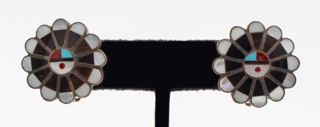Zuni Native American Silver Stone Inlay Earrings: Pair of Zuni Native American Sterling Silver Multi-Stone Turquoise, Onyx, Mother-of-Pearl and Coral Inlay Circular Clip Earrings. 0.937" L x 0.937" W. Silver tested. Approx: 10.26 g. inclusive. Proven