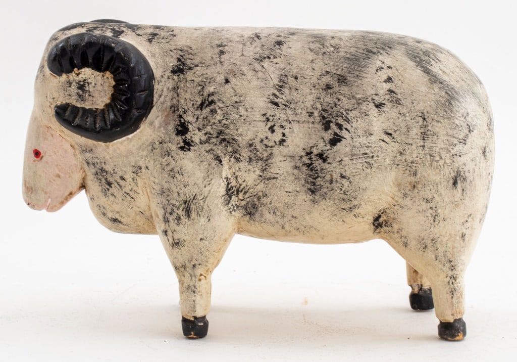 American Painted & Carved Wood Ram Sculpture (1 of 8)