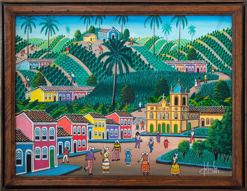 Haitian School Village Landscape Oil on Canvas: Haitian School, Village Landscape Scene, Oil on Canvas, 1987, illegibly signed and dated lower right, inscribed to verso with Summa Gallery label, wood frame. Image: 17.5" H x 23.5" W; frame: 21.25" H