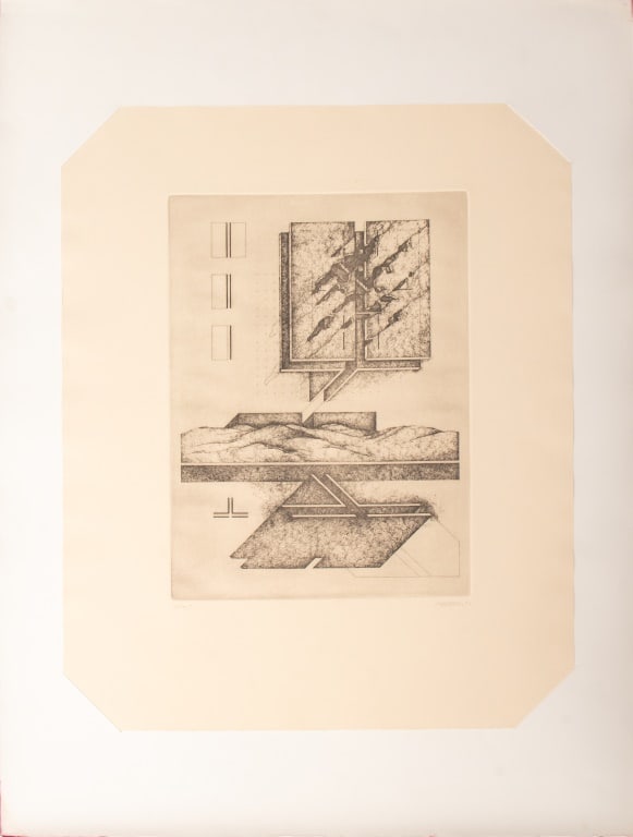 Raimund Abraham Abstract Composition Etching: Raimund Abraham (Austrian, 1933-2010), Abstract Composition, Etching, signed in pencil and numbered edition "61/75", from "A Portfolio of Prints to Commemorate the Conversion of New York City's Second
