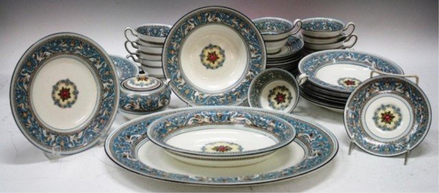 Service for 8 Wedgwood Florentine Turquoise Set: Service for eight (43 pieces in total) of Wedgwood Florentine turquoise dinner set: plates, teacups, saucers, platter, gravy bowl, sugar bowl, soup bowls, and dessert plates, England; all marked on bo