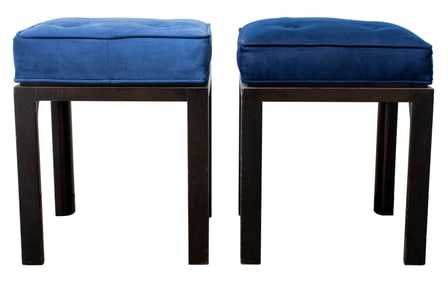 Mid-Century Modern Blue Suede Covered Stools, Pair