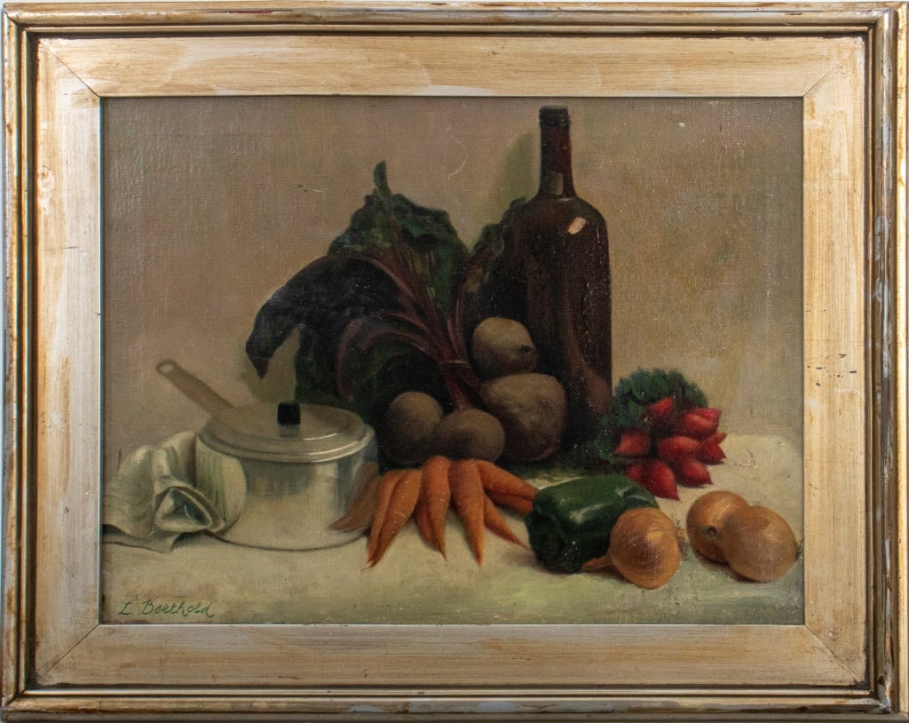 L. Berthold Still Life Scene Oil on Canvas: L. Berthold (XX), Still Life Scene, Oil on Canvas, depicting onions, beets, onions, carrots, a pot, a bottle of red wine, and a green pepper, signed lower left, silvered wooden frame. Image: 15.5" H x