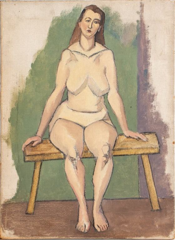 20th Century School Seated Nude Oil on Canvas: 20th Century School, Seated Nude Woman, Oil on Canvas, signed "Ferguson" to verso, unframed. 22.25" H x 16.25" W. Provenance: From the Allen Tucker Memorial Collection. Keywords: Painting, Figural, Fi