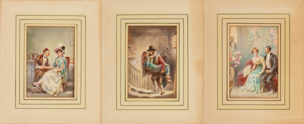 J. L. Gerome Ferris Couple Portraits Watercolor, 3: Jean Leon Gerome Ferris (American, 1863-1930), Three Couple Portraits, Watercolor on Paper, late 19th century, each signed top right corner. Each image: 5.75" H x 4" W; sheet: 7.5" H x 5.5" W; mat: 9.