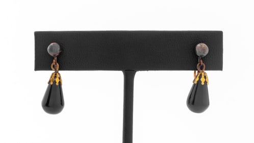 14K Victorian Gold Black Onyx Drop Earclips
