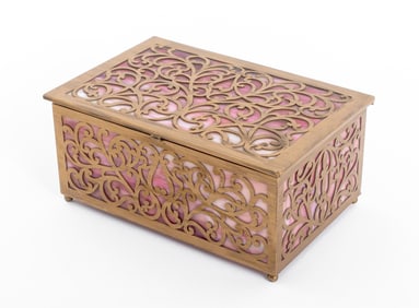 Tiffany Studios Style Brass & Pink Slag Glass Box