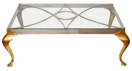 Modernist Glass Top Gold-Tone Metal Coffee Table