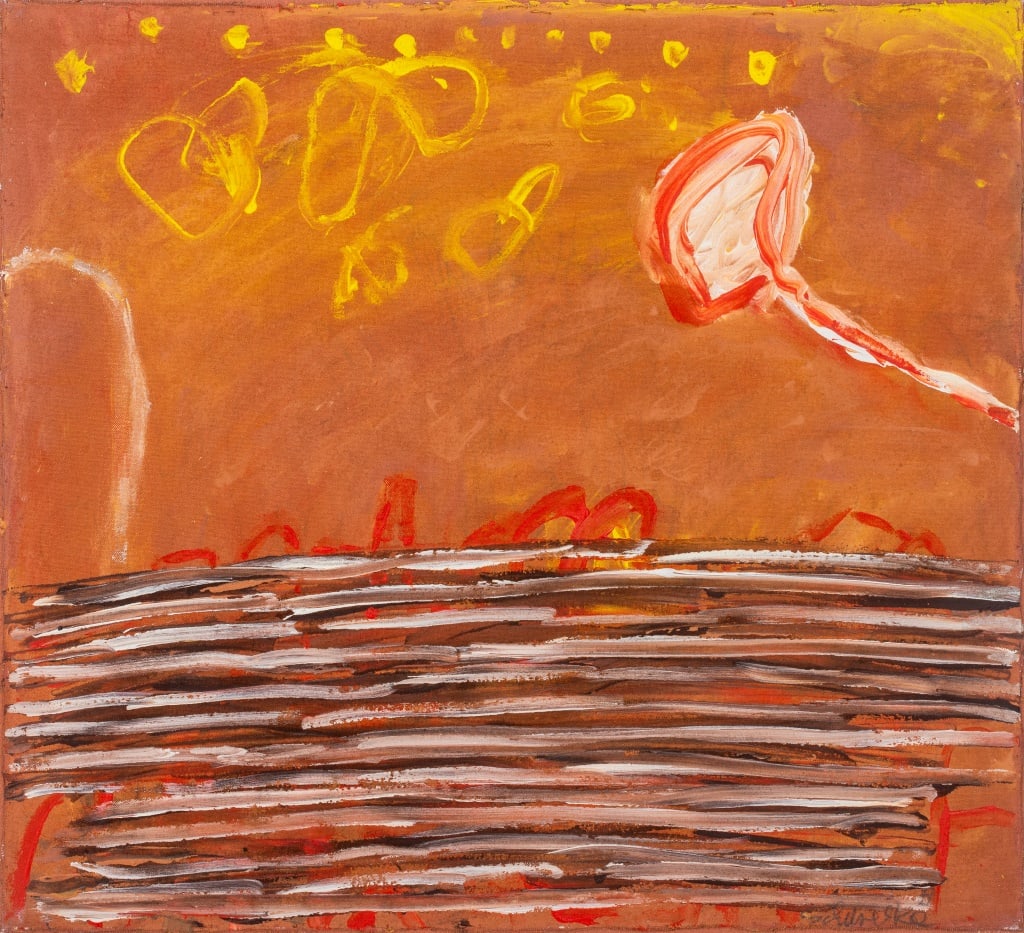 Elfi Schuselka "A Khnilo" Abstract Oil on Canvas: Elfi Schuselka (Austrian, b. 1940), "A Khnilo", Oil on Canvas, in the manner of Cy Twombly (American, 1928-2011), signed to verso, unframed. 21.75" H x 23.75" D. Provenance: Property from the collecti