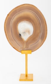 Blue Grey Agate Geode Slice on Gilt Stand